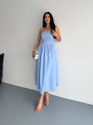 Giyim Center Straplez Pileli Elbise - Açık Mavi