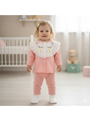 Kız Bebek Pamuklu Çiçek Nakışlı Dantelli 3’lü Takım (Hırka + Pantolon + Zıbın )