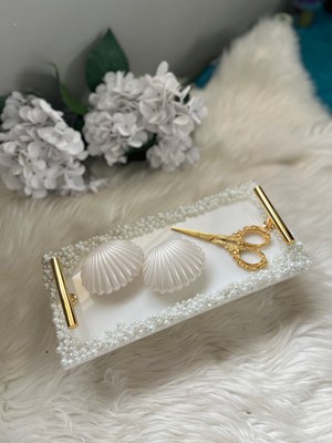 Epoksi Tepsi Dikdörtgen Incili Küçük Boy Nişan Tepsi Seti