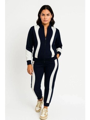 Giyim Center Kadın Premium Parçalı Eşofman Takım - Dik Yaka Fermuarlı Sweatshirt - Siyah