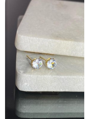 PremiumPort Şık Kadın Altın Tektaş Model Çelik Çivi Küpe