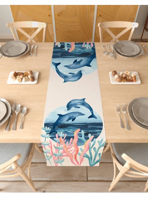 Greendecor Yunus Deniz Okyanus Desenli Özel Tasarım Runner Dijital Baskılı Dekoratif Masa Örtüsü Ev Dekorasyonu