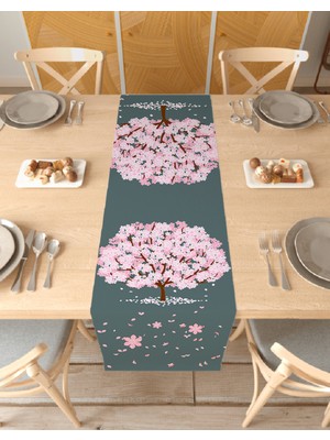 Greendecor Sakura Çiçek Desenli Özel Tasarım Runner Dijital Baskılı Dekoratif Masa Örtüsü Modern Ev Dekorasyonu