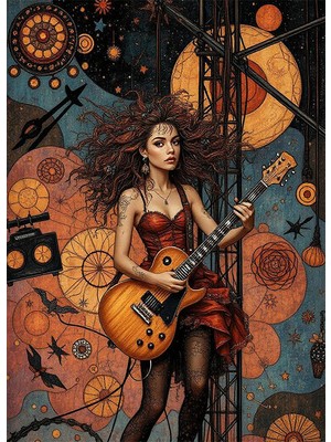 Bedeko Gitar Çalan Kadın Ahşap Tablo