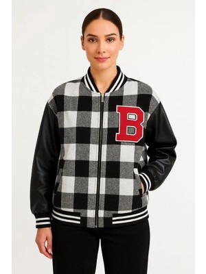 Giyim Center Kadın Kolej Ceket - Kareli Oduncu Kumaş, Kolları Suni Deri, Fermuarlı, Içi Kapitone Astarlı, Nakışlı Oversize Bahar & Kış Stil - Gri