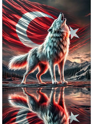 Bedeko Bozkurt ve Türk Bayrağı Resimli Mdf Ahşap Tablo