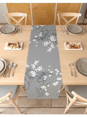 Greendecor Çiçek Gri Desenli Özel Tasarım Runner Dijital Baskılı Dekoratif Masa Örtüsü Modern Ev Dekorasyonu