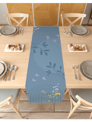 Greendecor Çiçek Kelebek Desenli Şık Özel Tasarım Runner Dijital Baskılı Dekoratif Masa Örtüsü Ev Dekorasyonu