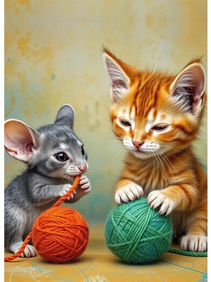 Bedeko Kedi ve Fare Resimli Mdf Ahşap Tablo