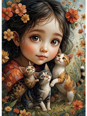 Bedeko Küçük Kız ve Yavru Kediler Mdf Ahşap Tablo