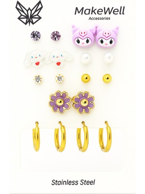 PremiumPort Renkli Çelik Takı, Sevimli Hayvan ve Çiçek Temalı Küpe Seti