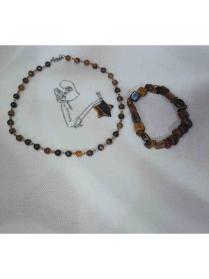 Shine Elagance Kaplangözü Doğal Taş Yuvarlak Kesim Kapamaları Gümüş Rengi Çelik Kombini Çelik Gümüş Rengi Zincir Ucunda Yıldız Detaylı Kaplangözü Kolye ve Kaplangözü Bileklik Set Sevgililer Günü Hediyesi