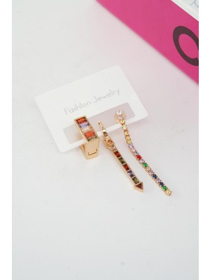 PremiumPort Şık Kadın 3'lü Baget Zirkon Taşlı Küpe Seti