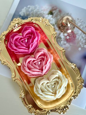 Beyaz ve Pembe Kalp Şekilli Pudra Kokulu Gül Mum 3 Adet