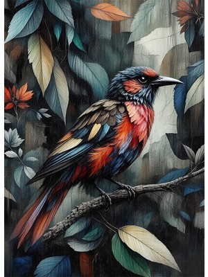 Bedeko Yapraklar ve Kuş Resimli Mdf Ahşap Tablo