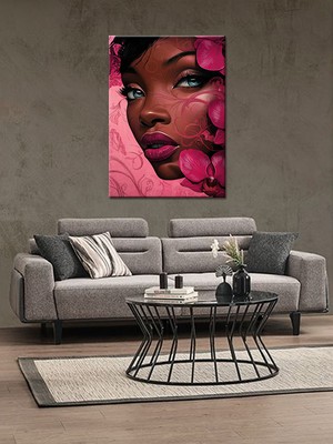 Bedeko Pembe Çiçekler ve Siyahi Kadın Ahşap Tablo