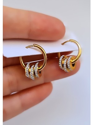 PremiumPort Şık Altın Renk Çelik Küpe, Zarif Taş Detaylı, Küçük Boy, Günlük Kullanım