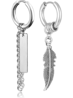 PremiumPort Şık Unisex Gümüş Bar ve Tüy Detaylı Çelik Halka Küpe