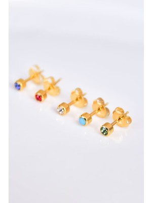 PremiumPort Şık Çelik Gold Kaplama Cerrahi Tektaş 5'li Kombin Küpe Seti