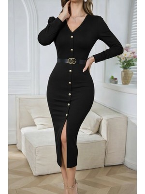 Yeşil Sarmaşık Kadın Uzun Kollu V Yakalı Önden Düğmeli Yırtmaçlı Modal Midi Kemersiz Elbise