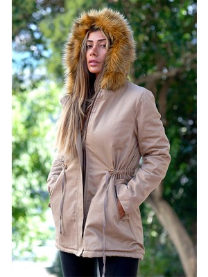 Keyifli Moda Açık Kahve Içi Kürklü Kürk Kapüşonlu Mont