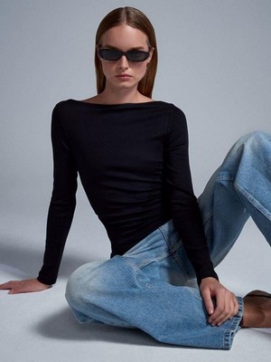 Kokoşum Butik 32198 Kayık Yaka Uzun Bluz Siyah