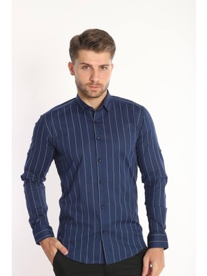 Colvıs Man Slim Fit Dar Kesim Likralı Cepsiz Çizgili Desen Hediye Kutulu Erkek Gömleği