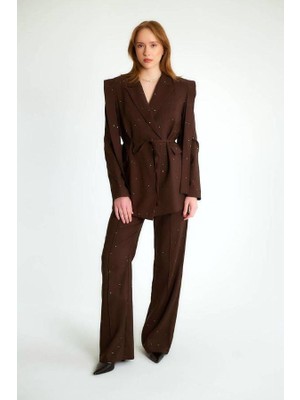Kokoşum Butik 80321 Simli Ceket Pantolon Takım Kahve