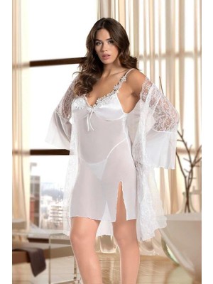 Passione Beyaz Dantel Detaylı Gecelik ve Sabahlık Takımı