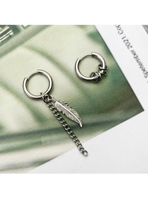 PremiumPort Gümüş Renk Tüy Detaylı Sallantılı Halka Küpe, Unisex 316L Cerrahi Çelik