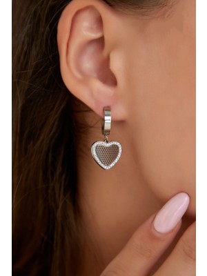 PremiumPort Kadın Desenli Kalp Kenarları Zirkon Taşlı Çelik Gümüş Kaplama Küpe