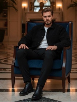 Lwl Siyah Fitilli Kadife Detaylı Peluş (Teddy) Erkek Ceket - Bomber Stil Kışlık Mont