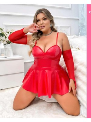 Passione Büyük Beden Kırmızı Deri Görünümlü Etekli Fantezi Iç Giyim