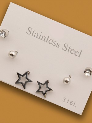 PremiumPort 316L Çelik Yıldızlı Küpe Seti, Şık ve Zarif Takı Hediye