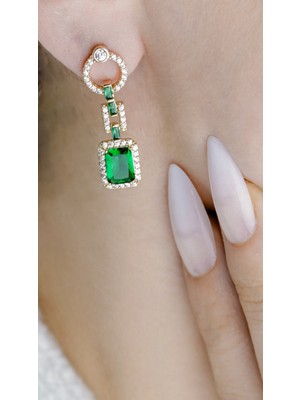 PremiumPort Zümrüt Yeşil Taşlı Pırlanta Detaylı Şık Abiye Küpe