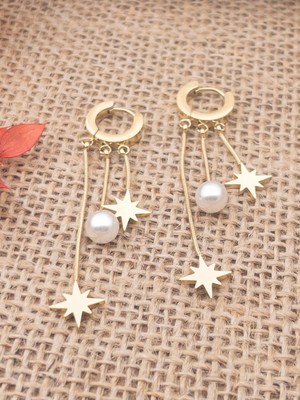 PremiumPort Uzun Püsküllü Yıldızlı Incili Çelik Küpe Şık ve Zarif Takı