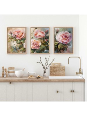 Bestablo 3 Parça Pembe Güller Çerçeveli Ahşap Tablo Seti, Ev Dekoru