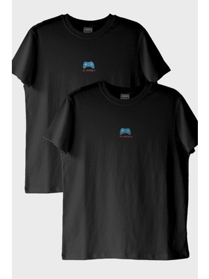 Nuugg Player 1 ve Player 2 Çift Kombin Siyah T-Shirt - Sevgililer Günü Hediyesi - Gamer, Oyuncu Hediyesi