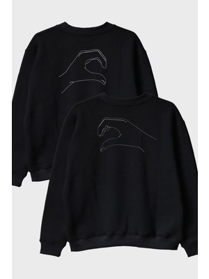 Nuugg Kalp Eller Desenli Çift Kombini Bisiklet Yaka Sweatshirt