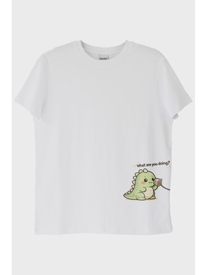 Nuugg Sevimli Dinozor Beyaz Tişört