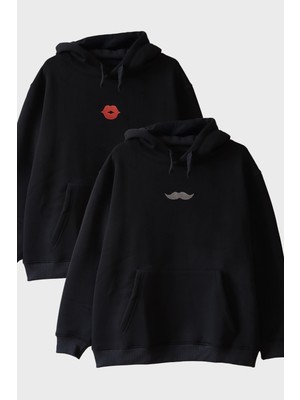 Nuugg Dudak ve Bıyık Desenli Çift Kombin Hoodie