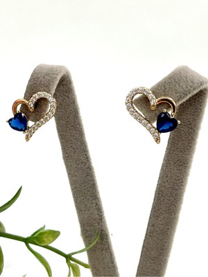 PremiumPort Lacivert Taşlı Kalpli Çelik Küpe, Şık ve Zarif Tasarım