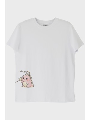 Nuugg I Miss You Dinozor Beyaz Tişört