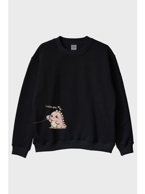 Nuugg I Miss You Dinozor Siyah Bisiklet Yaka Sweatshirt