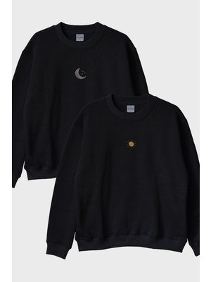 Nuugg Ay ve Güneş Desenli Nakışlı Çift Kombin Bisiklet Yaka Sweatshirt