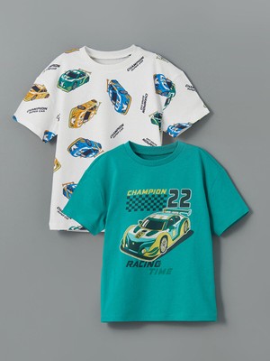 Lc Waikiki Yeni Sezon Bisiklet Yaka Baskılı Erkek Çocuk Tişört 2'li