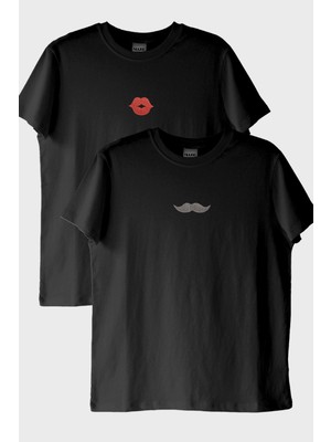 Nuugg Dudak ve Bıyık Desenli Çift Kombin Siyah T-Shirt