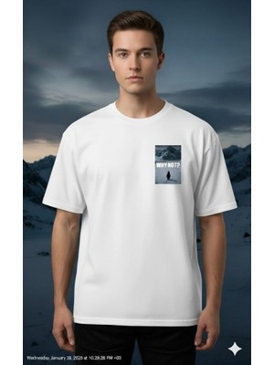 Texrium Nihilips Penguen, Tek Başına Yürüyen Penguen "but Why ?" Baskılı Oversize , Unisex , Pamuk T-Shirt