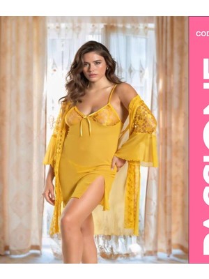 Passione Sarı Dantelli Gecelik Sabahlık Takımı