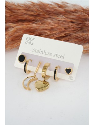 PremiumPort Şık 6'lı Kalp Figürlü Kadın Çelik Küpe Seti